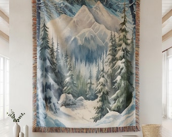 Manta tejida con tapiz de montaña, tapiz de pared con diseño de bosque, decoración inspirada en la naturaleza, arte de pared de montaña, colgante de pared tejido, regalo de inauguración de la casa
