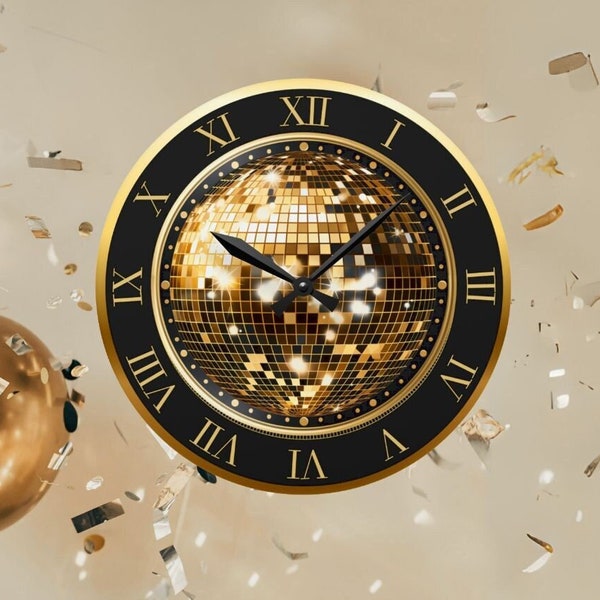 New Years Eve Decor Disco Ball Black Acrylic Wall Clock, New Years Eve Party Decoration New Year Countdown Clock Decorative Modern Clock