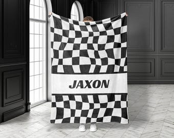 Personalized Checkered Flag Blanket Racing Gift, Custom Name Blanket Race Car Party Gift For Racer Checkered Flag Dirt Bike Birthday Gifts