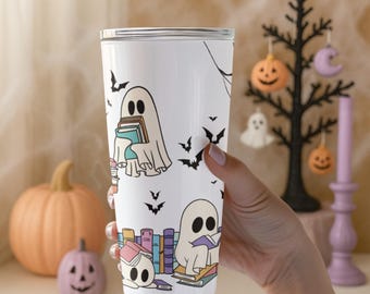 Library Ghost Reading Book 20 oz Halloween Tumbler, Cute Ghost Travel Mug Book Lover Gift