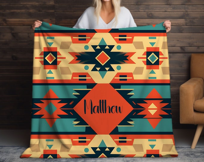 Personalized Aztec Blanket Customized Western Blanket, Rust Throw Blanket Southwestern Decor Throw Blanket Western Decor Custom Name Blanket