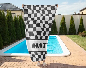 Personalized Checkered Flag Beach Towel Gift For Racer, Custom Name Towel Racing Gift Pool Towel Personalized Gifts Customized Beach Towel
