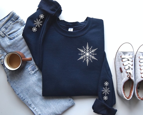 Snowflake Sweatshirt With Sleeve Design, Minimalistic Sweatshirt Trendy Christmas Sweatshirt Simple Christmas Sweatshirt For Women