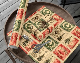 Vintage Christmas Wrapping Paper, Christmas Stamp Gift Wrap Vintage Wrapping Paper In Rolls Holiday Gift Wrap Rustic Christmas Gift Paper