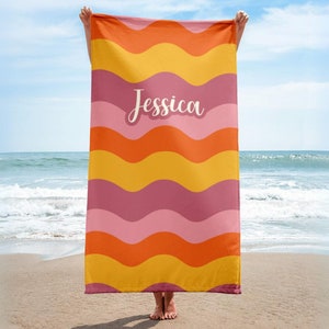Personalized Retro Striped Beach Towel, Custom Name Towel Vacation Gift Pool Party Towel Personalized Gifts Customized Beach Towel