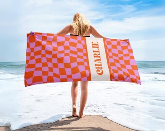 Personalized Retro Checkered Beach Towel, Custom Name Vacation Gift