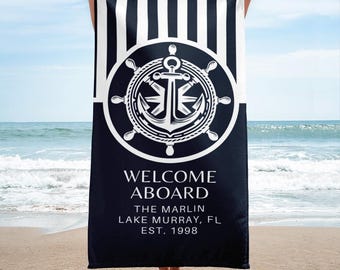 Custom Nautical Bachelorette Boat Towel, Large Beach Towel Personalized Boat Gifts Lake Towel Navy Nautical Beach House Decor Sailing Gift