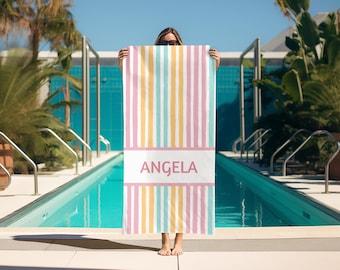 Personalized Beach Towel Custom Summer Gift, Custom Name Summer Essentials Retro Beach Towel Custom Vacation Gift Large Pool Party Towel