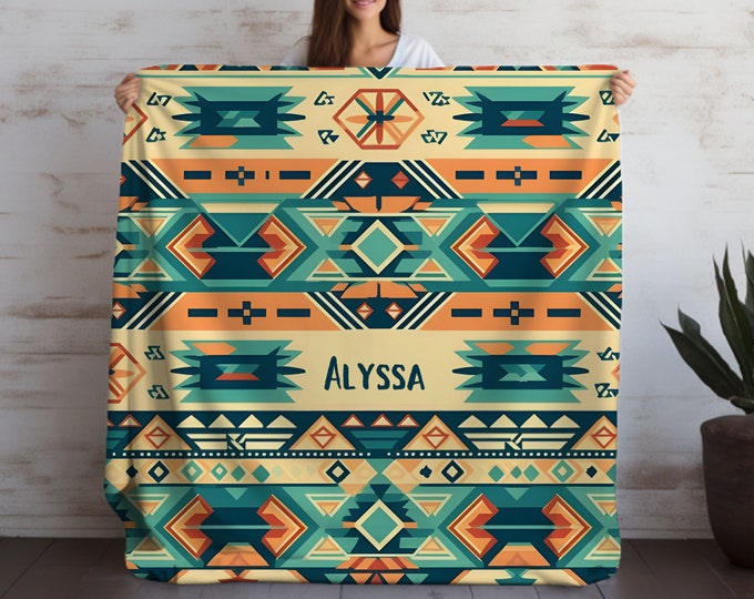 Personalized Aztec Blanket Customized Western Blanket, Teal Throw Blanket Southwestern Decor Throw Blanket Western Decor Custom Name Blanket