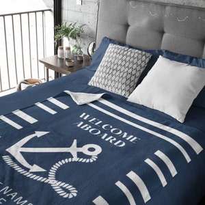 Personalized Boat Blanket Nautical Throw Blanket, Navy Nautical Decor Boat Gifts Custom Boat Accessories Beach House Decor Sailing Gift
