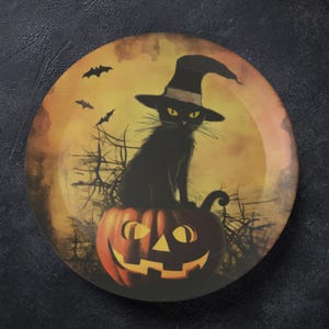 ThermoSaf Polymer Halloween Party Plates Black Cat Halloween Plates, Halloween Kitchen Dinnerware Set Fall Decor Halloween Cat Dinnerware