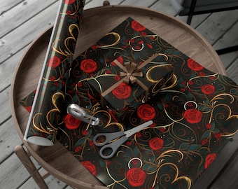 Gold Hearts And Roses Valentines Day Wrapping Paper, Gift Wrapping Paper Rolls Holiday Gift Wrap Rose Wrapping Paper Heart Wrapping Paper