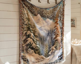 Manta tejida con tapiz de montaña, tapiz de pared con diseño de bosque, decoración inspirada en la naturaleza, arte de pared de montaña, colgante de pared tejido, regalo de inauguración de la casa