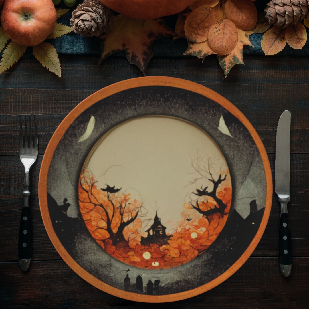 Bone China Halloween Haunted House Plate, Haunted Mansion Plates Haunted House Decor Rustic ...