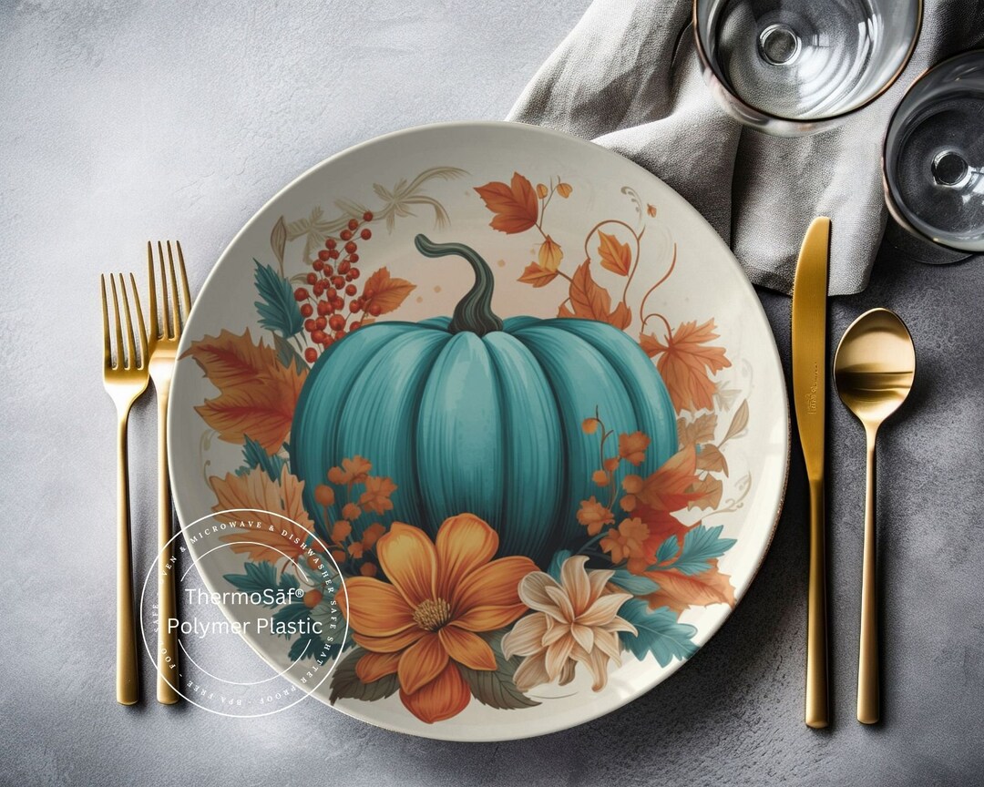 Thermosaf Polymer Blue Pumpkin Plates Autumn Decor Rustic Fall Kitchen Thanksgiving Dinner Plates Blue Pumpkin Decor Floral Dinnerware Etsy