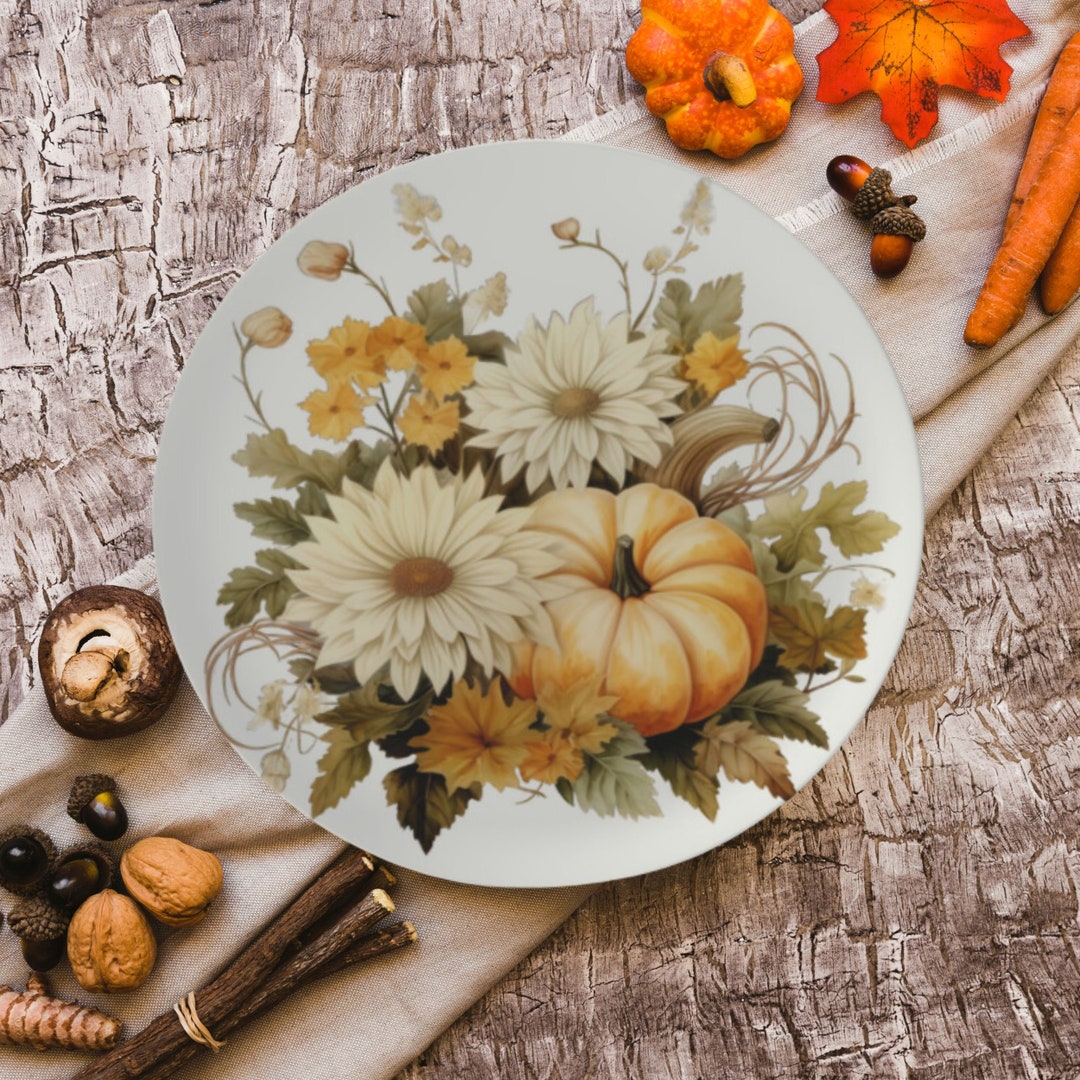 Bone China Pumpkin Plate Boho Dinnerware, Fall Kitchen Decor Floral ...