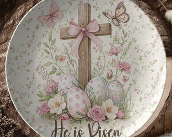 He Is Risen Easter Dinner Plate, Prayer Luncheon Plate Easter Floral Cross Collectable Easter Keepsake Gift Unique Easter Dinner Table Decor