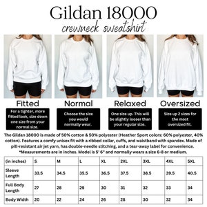 May include: A size chart for a Gildan 18000 crewneck sweatshirt. The chart shows the measurements in inches for different sizes, including sleeve length, full body length, and body width. The chart also includes information about the fit of the sweatshirt, such as fitted, normal, relaxed, and oversized.