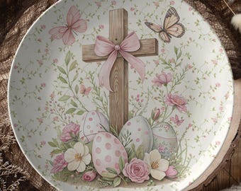 He Is Risen Easter Dinner Plate, Prayer Luncheon Plate Easter Floral Cross Collectable Easter Keepsake Gift Unique Easter Dinner Table Decor