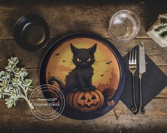 ThermoSaf Polymer Halloween Plates Black Cat Plate Halloween  Halloween Kitchen Halloween Dinnerware   Halloween