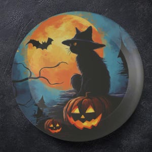 ThermoSaf Polymer Halloween Party Plates Black Cat Halloween Plates, Halloween Kitchen Dinnerware Set Fall Decor Halloween Cat Dinnerware