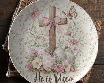 Piatto pasquale "He Is Risen", piatto pasquale con croce floreale, regalo ricordo pasquale da collezione, decorazione unica per la tavola pasquale.