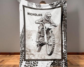 Personalized Dirtbike Blanket, Motocross Decor Custom Motorsport Racing Gift Dirtbike Room Decoration Dirt Bike Nursery Throw Blanket