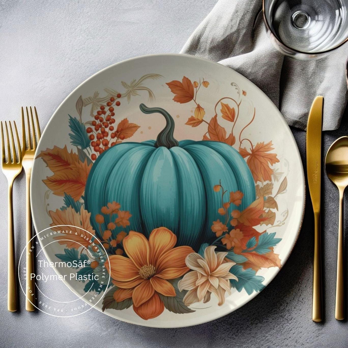 ThermoSaf Polymer Blue Pumpkin Plates Autumn Decor Rustic Fall Kitchen Thanksgiving Dinner Plates Blue Pumpkin Decor Floral Dinnerware