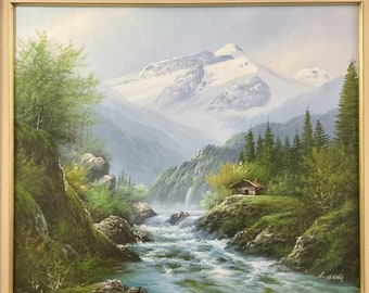 Mountain Stream in the Mountains Original Oil Painting by L. Sang (Sang Lee) Realist Masterpiece – A Majestic and Serene Escape