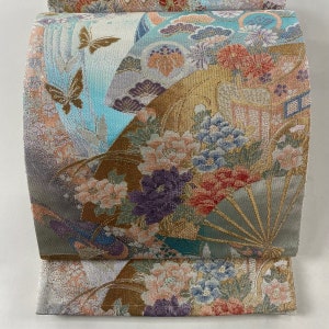 Fukuro Obi,  Excellent Item, Fan, Flowers, Gold Thread, Foil, Light Blue, Complete, Pure Silk