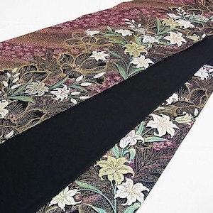 Vintage Japanese Fukuro Obi with White Lily and Wildflower Design | Handwoven Gold Silver Thread | 100% Silk | Wall Decor