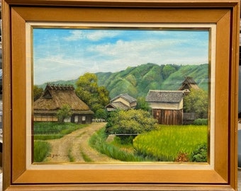 Keizan Original Oil Painting – Early Autumn Countryside, Tamba Kameoka Sokabe – Japanese Thatched Roof Village Landscape P10 Framed