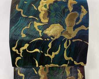 Fukuro Obi, Beautiful Product, Excellent Product, Flower, Gold Thread, Foil, Bluish Green, Six-Way, Pure Silk