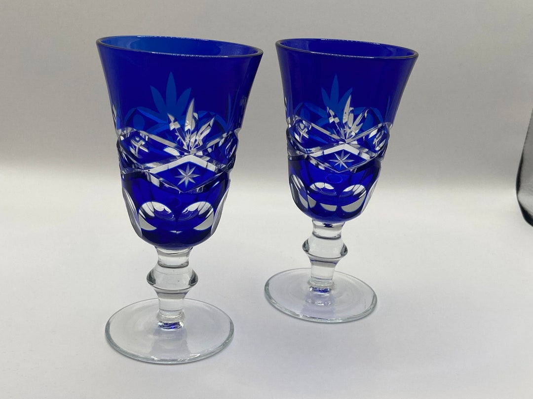 Japanese Wine Glass Edo Kiriko Vtg Blue Crystal Glass Cold Sake Cup