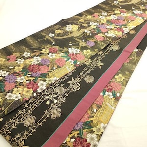Double-sided Fukuro Obi – Imperial Carriage and Flower Pattern | Karaori Style | Gold and Silver Thread | 100% Silk