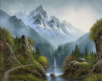 True Work Oil Painting  G. JUN Landscape Mountain Forest Waterfall with Bridges and Birds Detailed Realism Masterpiece Framed Painting