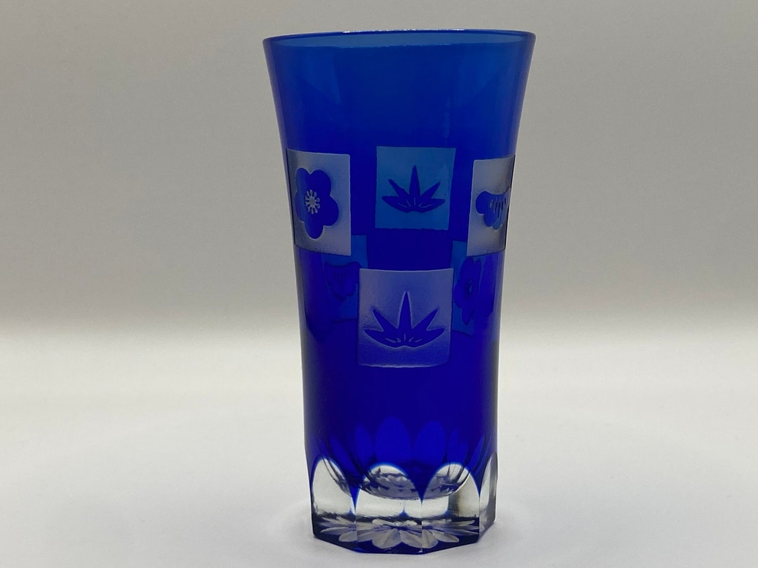 Edo Kiriko Tumbler Japanese Glass Cup Blue Leaf Japan / Home Etsy