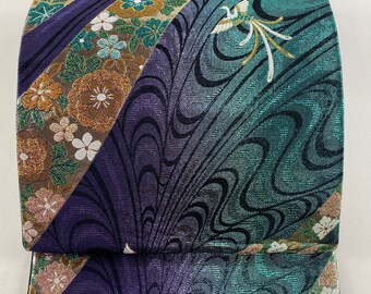 Fukuro Obi,  Excellent Product, Suitable for Long-Sleeved Kimono, Flower, Phoenix, Gold Thread, Foil, Green, Six-Way, Pure Silk