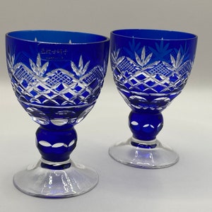 Edo Kiriko Hand-Cut Blue Wine & Sake Glasses – Rare Vintage Pair from Japan
