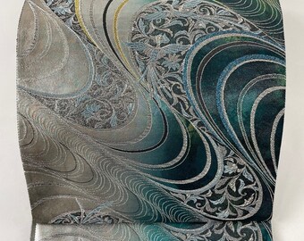 Fukuro Obi, Beautiful Product, Excellent Product, Flowers and Birds, Geometry, Gold and Silver Thread, Foil, Green, Six-Way, Pure Silk