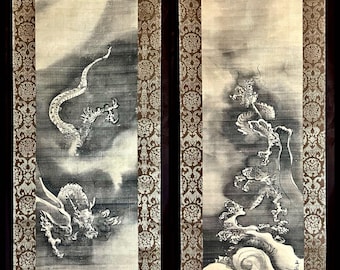 Authentic Edo Period Tani Bunchō  “Two Dragons” – Pair of Hanging Scrolls – Hand-Painted on Silk – Boxed Masterpiece – Buddhist Mythology