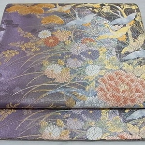 Six-pattern bag obi, Karaori, flowing water flying crane, plum and pine pattern, gold thread, Hikileaf, pure silk, masterpiece