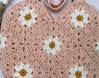 Crochet Daisy Granny Square Bag: Pink Lined Tote