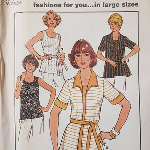 May include: A sewing pattern for four different tops in sizes 40, 42, 44, and 46. The pattern includes a sleeveless top with a tie belt, a short-sleeved top with a tie belt, a short-sleeved top with a collar, and a short-sleeved top with a collar and a tie belt.
