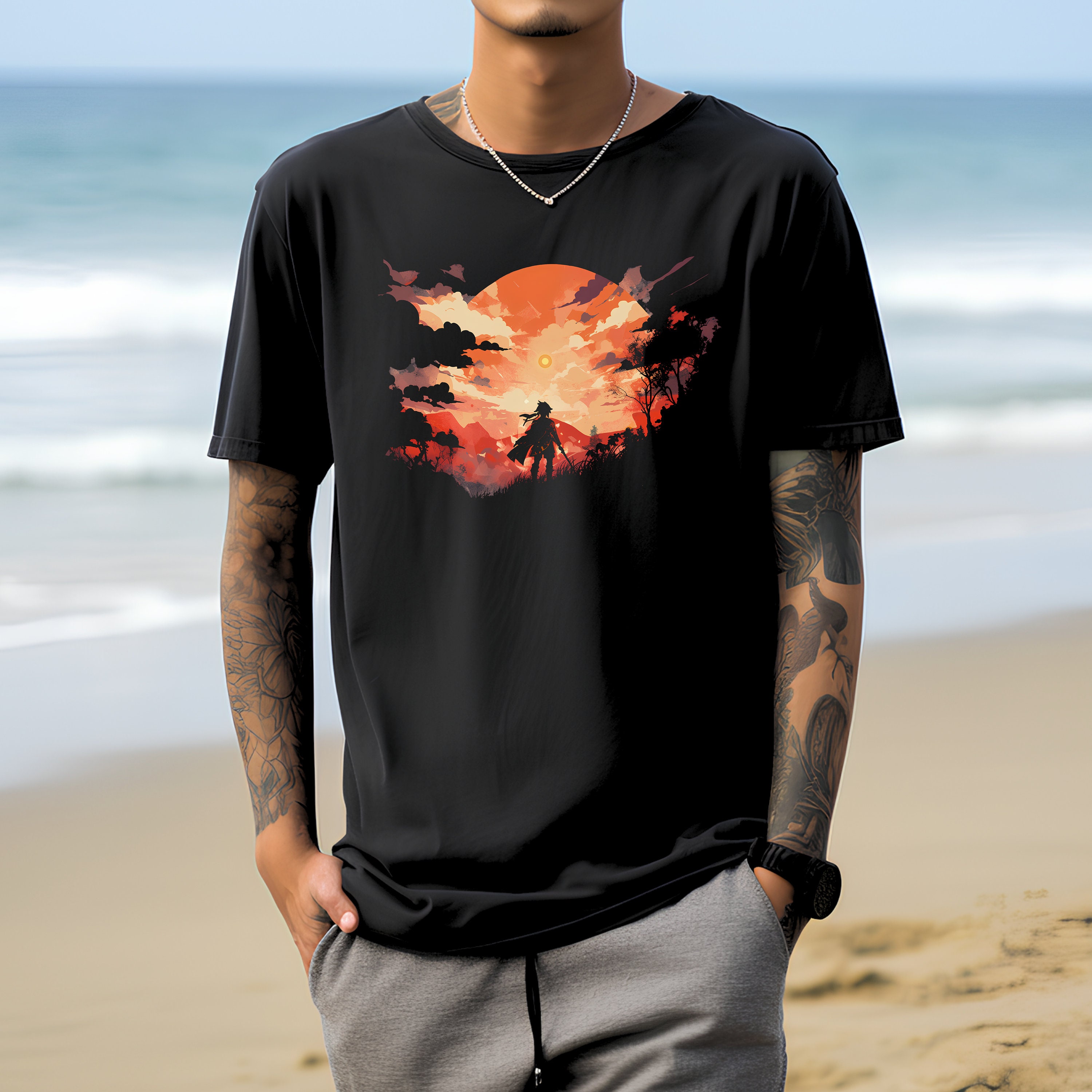 T-shirt Ninja Warrior Sunset - Unisexe Noir, Motif Mystique Et Cool - Du S Au 5XL