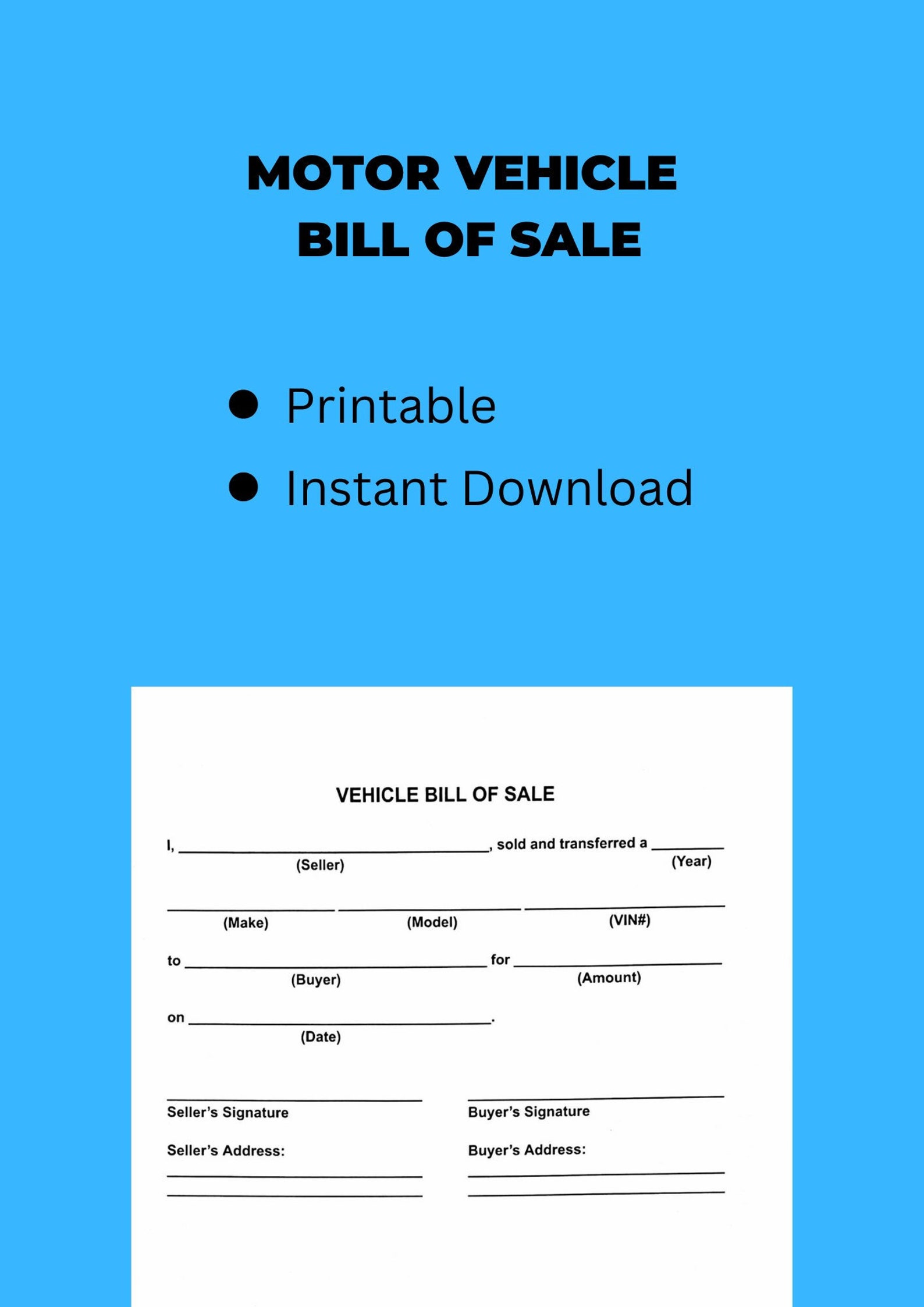 Printable Motor Vehicle Bill of Sale Template Easy DIY Legal Transfer Printable Motor Vehicle Bill of Sale Template Easy DIY Legal Transfer