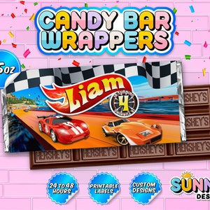 Race Cars Candy Bar Wrapper - Race Cars Party Treats - Race Cars Party Favors - 1.5 oz Chocolate - Printable labels - Personalized