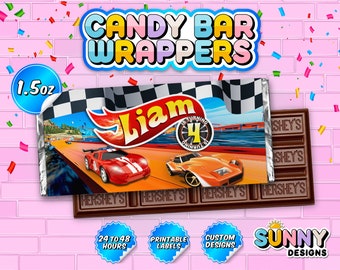 Race Cars Candy Bar Wrapper - Race Cars Party Treats - Race Cars Party Favors - 1.5 oz Chocolate - Printable labels - Personalized
