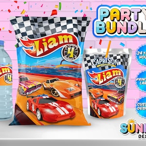 Race Cars Birthday Party Bundle - Chip Bag - Juice Bag Labels - Water Bottle Labels - Printable labels - Personalized