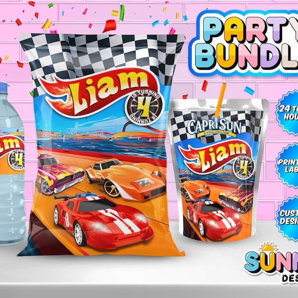 Race Cars Birthday Party Bundle - Chip Bag - Juice Bag Labels - Water Bottle Labels - Printable labels - Personalized